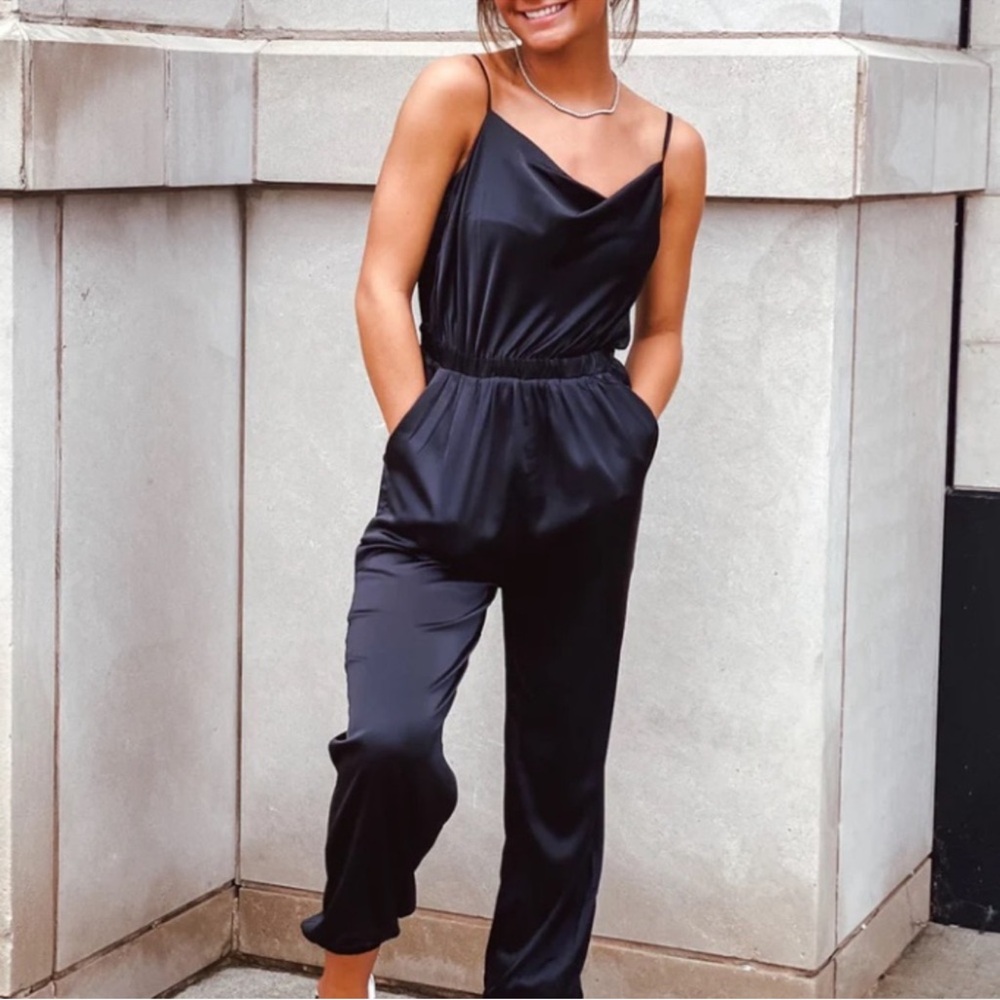 Skies Are Blue Black Satin Jumpsuit with V-Neck and Tie Waist